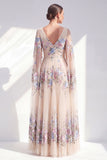 Champagne A Line Long Floral Pleated V-Neck Mother of the Bride Dress with Cape