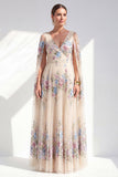 Champagne A Line Long Floral Pleated V-Neck Mother of the Bride Dress with Cape