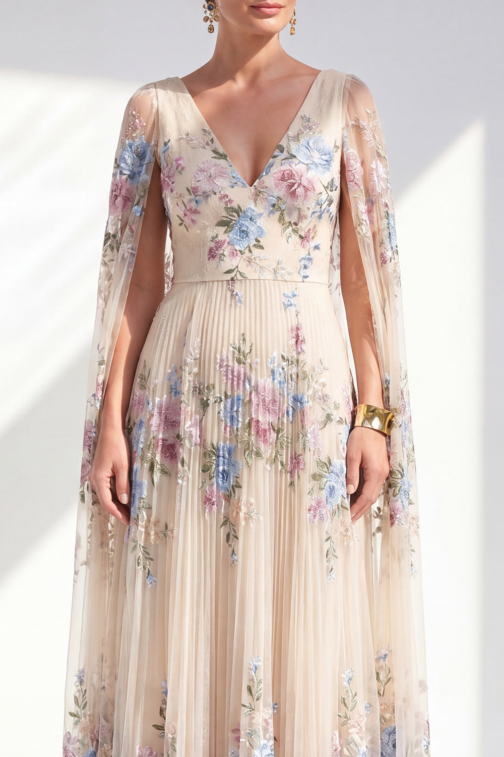 Champagne A Line Long Floral Pleated V-Neck Mother of the Bride Dress with Cape