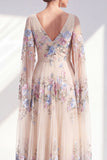 Champagne A Line Long Floral Pleated V-Neck Mother of the Bride Dress with Cape