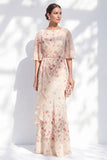 Blue Sheath Long Floral Boat Neck Mother of the Bride Dress with Ruffles