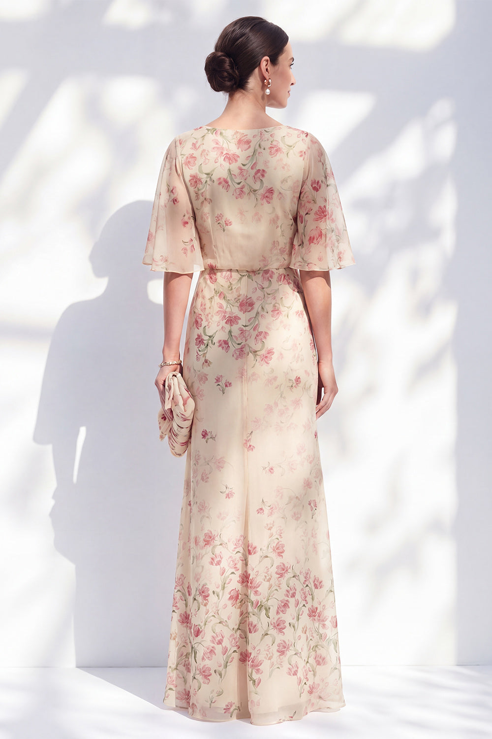 Blue Sheath Long Floral Boat Neck Mother of the Bride Dress with Ruffles