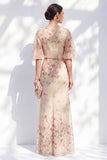 Blue Sheath Long Floral Boat Neck Mother of the Bride Dress with Ruffles