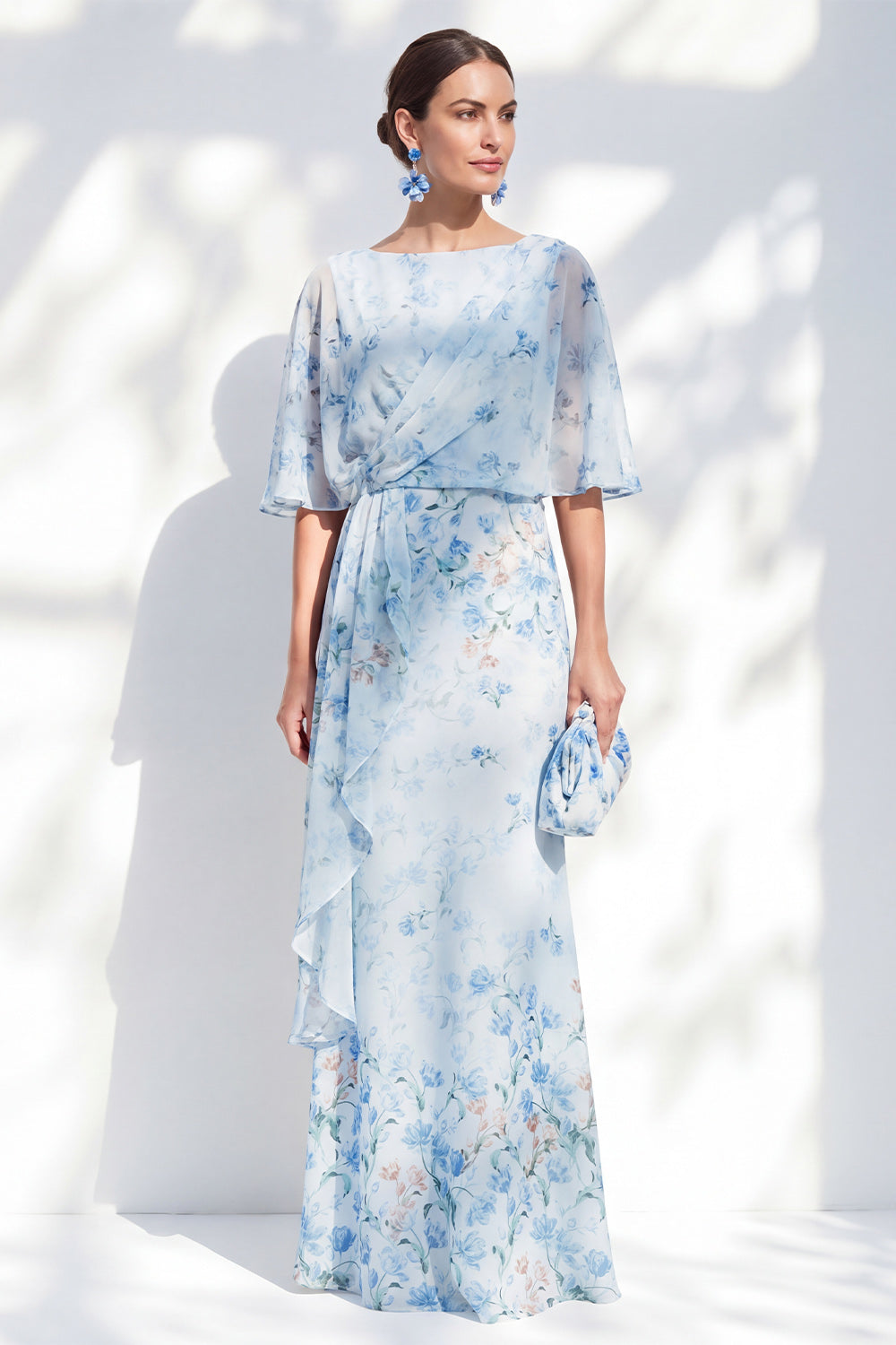 Blue Long Floral Mother of the Bride Dress with Ruffles Sheath Boat Neck Half Sleeves Ruched Wedding Guest Dress