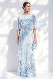 Blue Long Floral Mother of the Bride Dress with Ruffles Sheath Boat Neck Half Sleeves Ruched Wedding Guest Dress