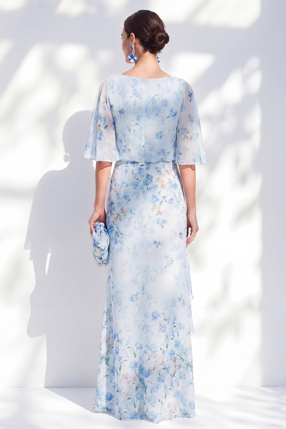 Blue Sheath Long Floral Boat Neck Mother of the Bride Dress with Ruffles