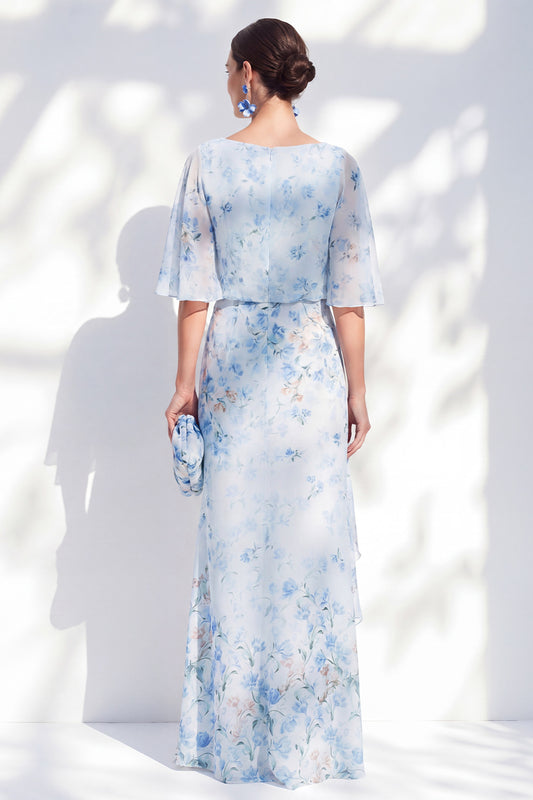Blue Sheath Long Floral Boat Neck Mother of the Bride Dress with Ruffles