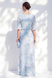 Blue Sheath Long Floral Boat Neck Mother of the Bride Dress with Ruffles