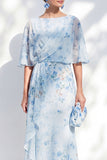 Blue Sheath Long Floral Boat Neck Mother of the Bride Dress with Ruffles