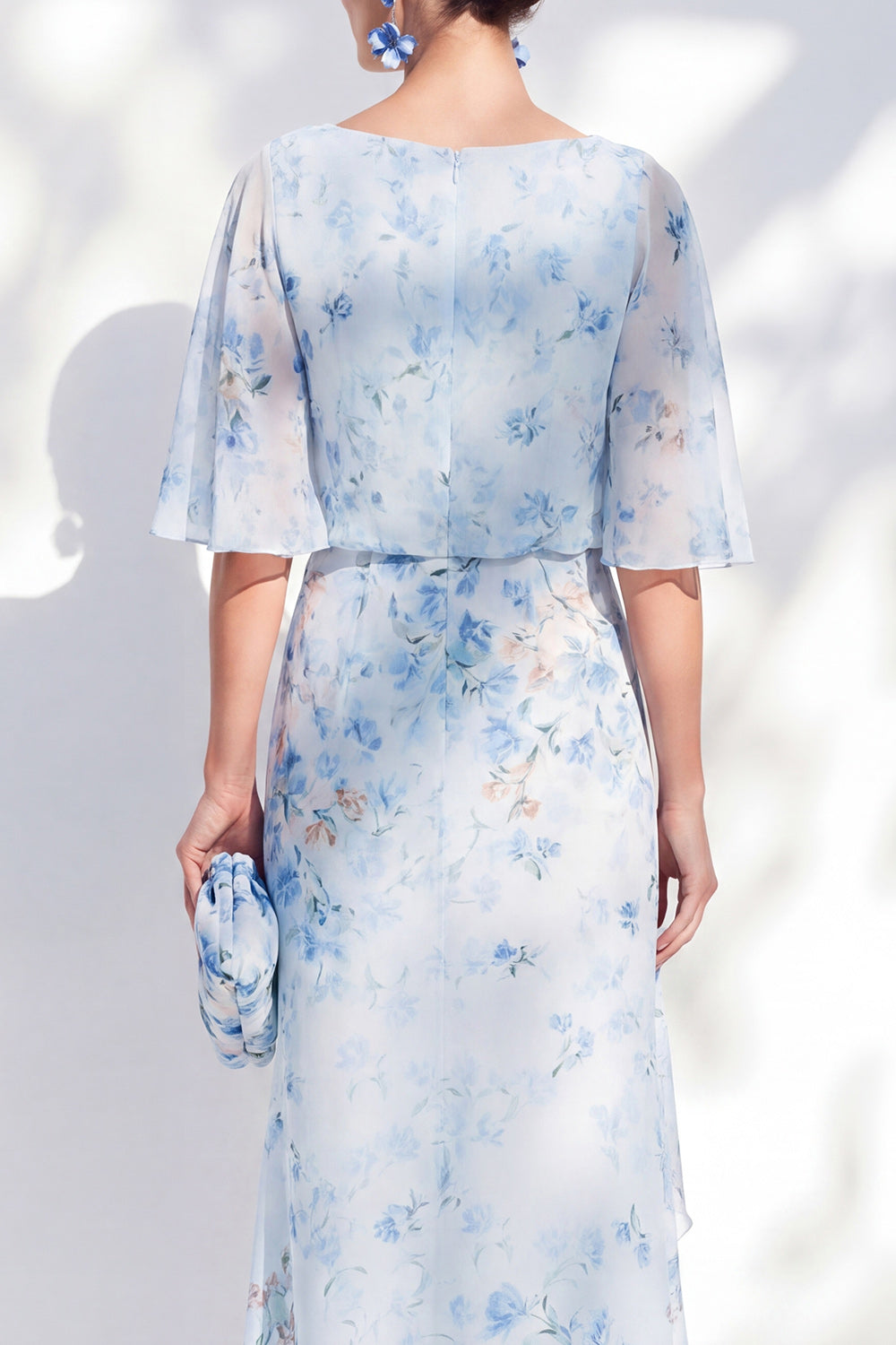 Blue Sheath Long Floral Boat Neck Mother of the Bride Dress with Ruffles