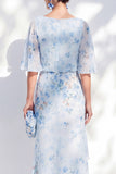 Blue Sheath Long Floral Boat Neck Mother of the Bride Dress with Ruffles