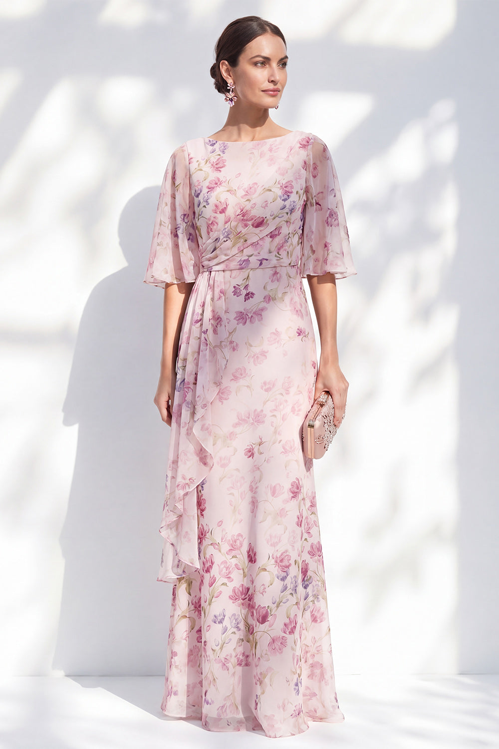 Zapaka Women Blue Mother Of the Bride Dress with Half Sleeves Floral Bateau Neck Chiffon Sheath Long Wedding Guest Dress, Pink / US6