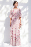 Blue Sheath Long Floral Boat Neck Mother of the Bride Dress with Ruffles
