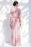 Blue Sheath Long Floral Boat Neck Mother of the Bride Dress with Ruffles