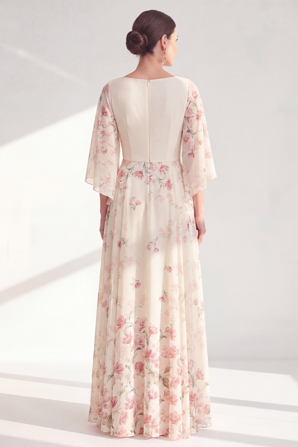 A Line Boat Neck Apricot Long Floral Mother of the Bride Dress