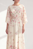 A Line Boat Neck Apricot Long Floral Mother of the Bride Dress