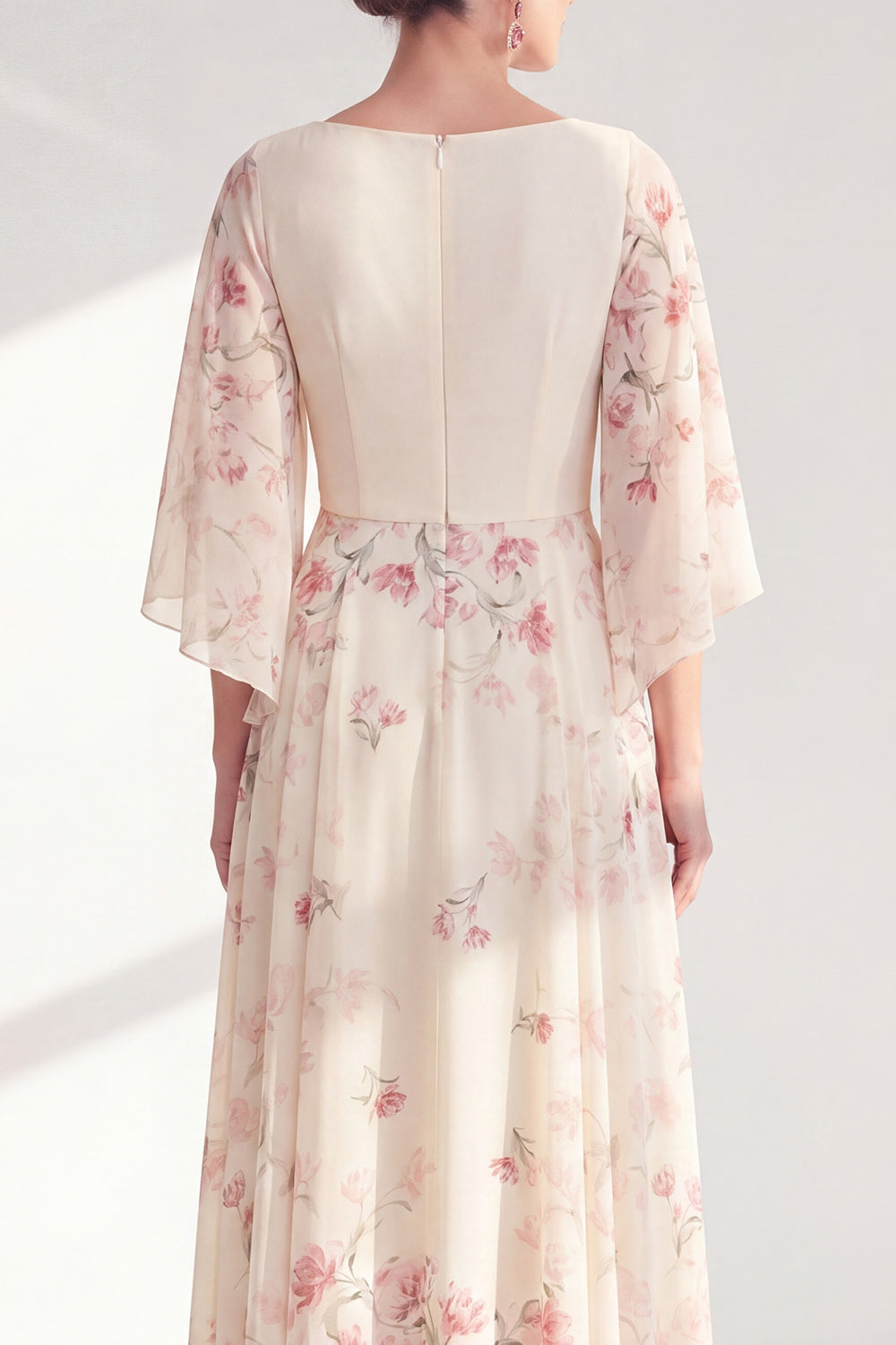 A Line Boat Neck Apricot Long Floral Mother of the Bride Dress