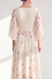A Line Boat Neck Apricot Long Floral Mother of the Bride Dress