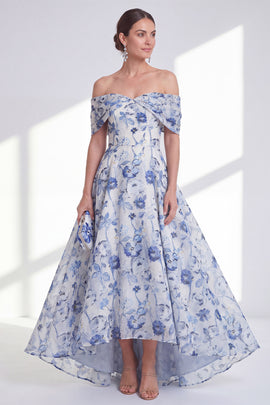 Blue Floral A Line Long Off the Shoulder Mother of the Bride Dress