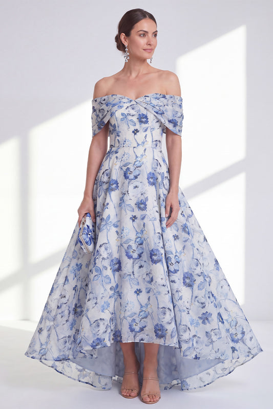 Blue Floral A Line Long Off the Shoulder Mother of the Bride Dress