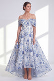 Blue Floral A Line Long Off the Shoulder Mother of the Bride Dress