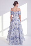 Blue Floral A Line Long Off the Shoulder Mother of the Bride Dress