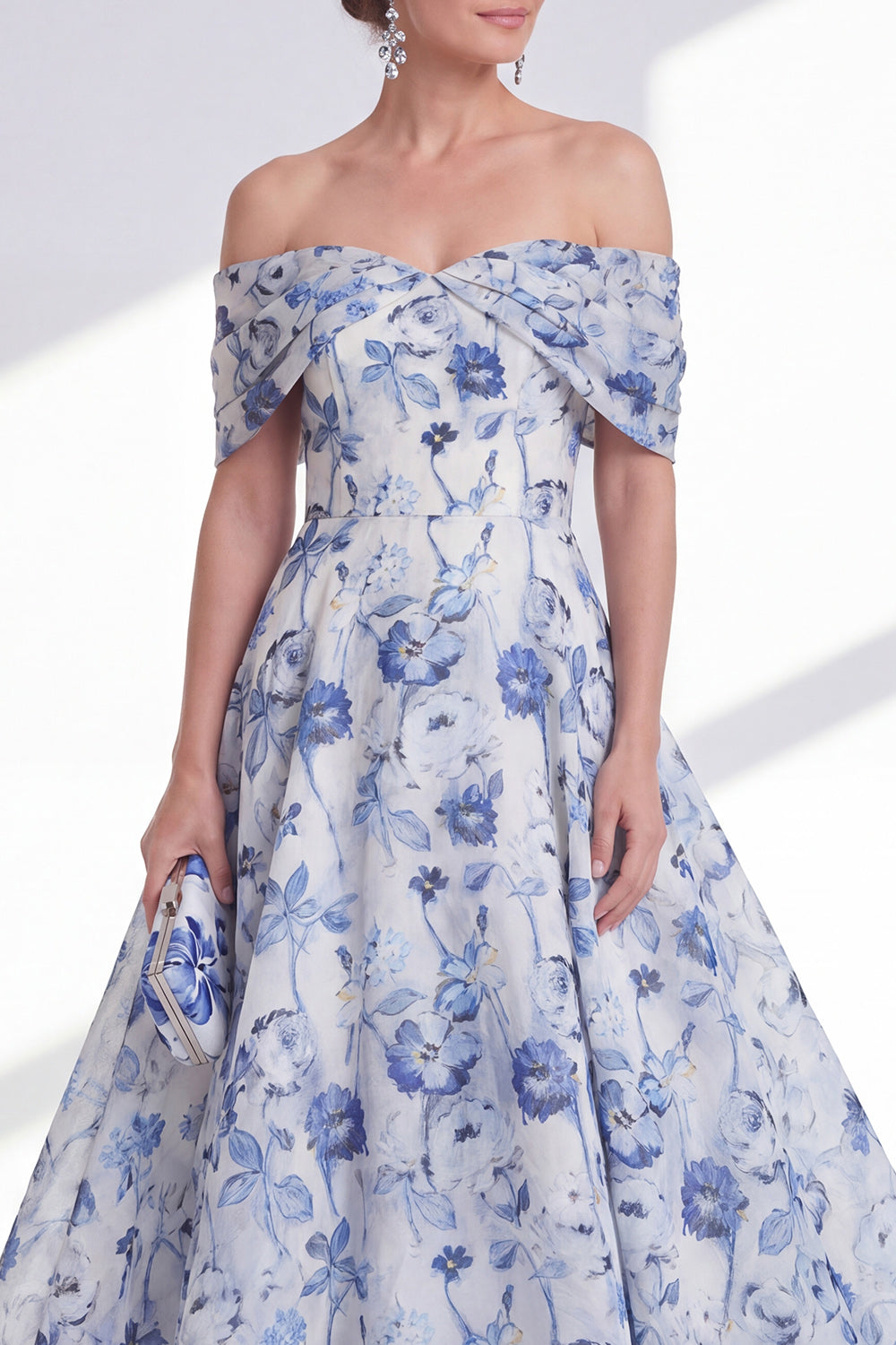Blue Floral A Line Long Off the Shoulder Mother of the Bride Dress