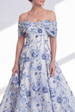 Blue Floral A Line Long Off the Shoulder Mother of the Bride Dress