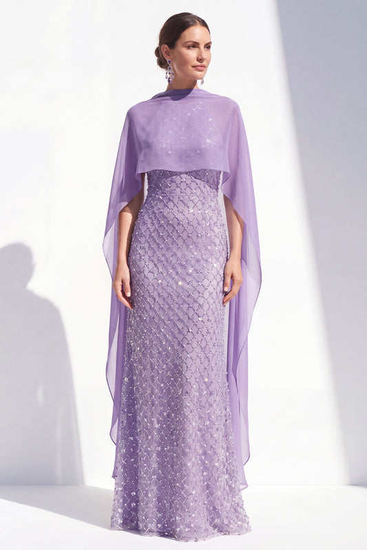 Sparkly Purple Mermaid Long Beaded Mother of the Bride Dress with Cape