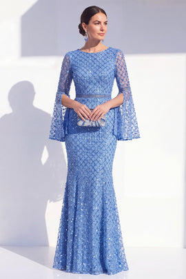 Sparkly Blue Boat Neck Mermaid Long Beaded Mother of the Bride Dress with Sleeves