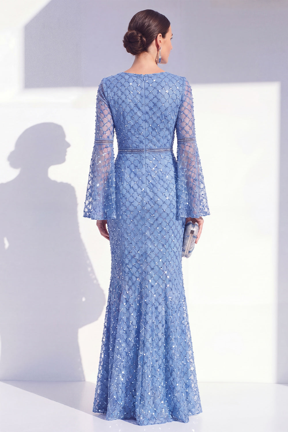 Sparkly Blue Boat Neck Mermaid Long Beaded Mother of the Bride Dress with Sleeves