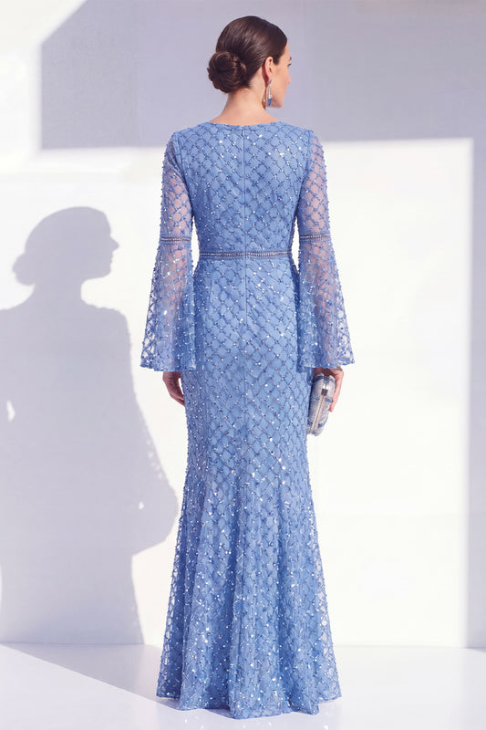 Sparkly Blue Boat Neck Mermaid Long Beaded Mother of the Bride Dress with Sleeves