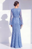 Sparkly Blue Boat Neck Mermaid Long Beaded Mother of the Bride Dress with Sleeves