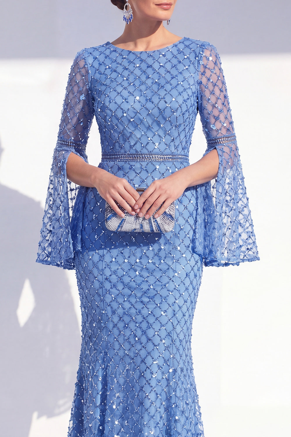 Sparkly Blue Boat Neck Mermaid Long Beaded Mother of the Bride Dress with Sleeves