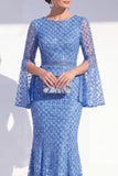 Sparkly Blue Boat Neck Mermaid Long Beaded Mother of the Bride Dress with Sleeves
