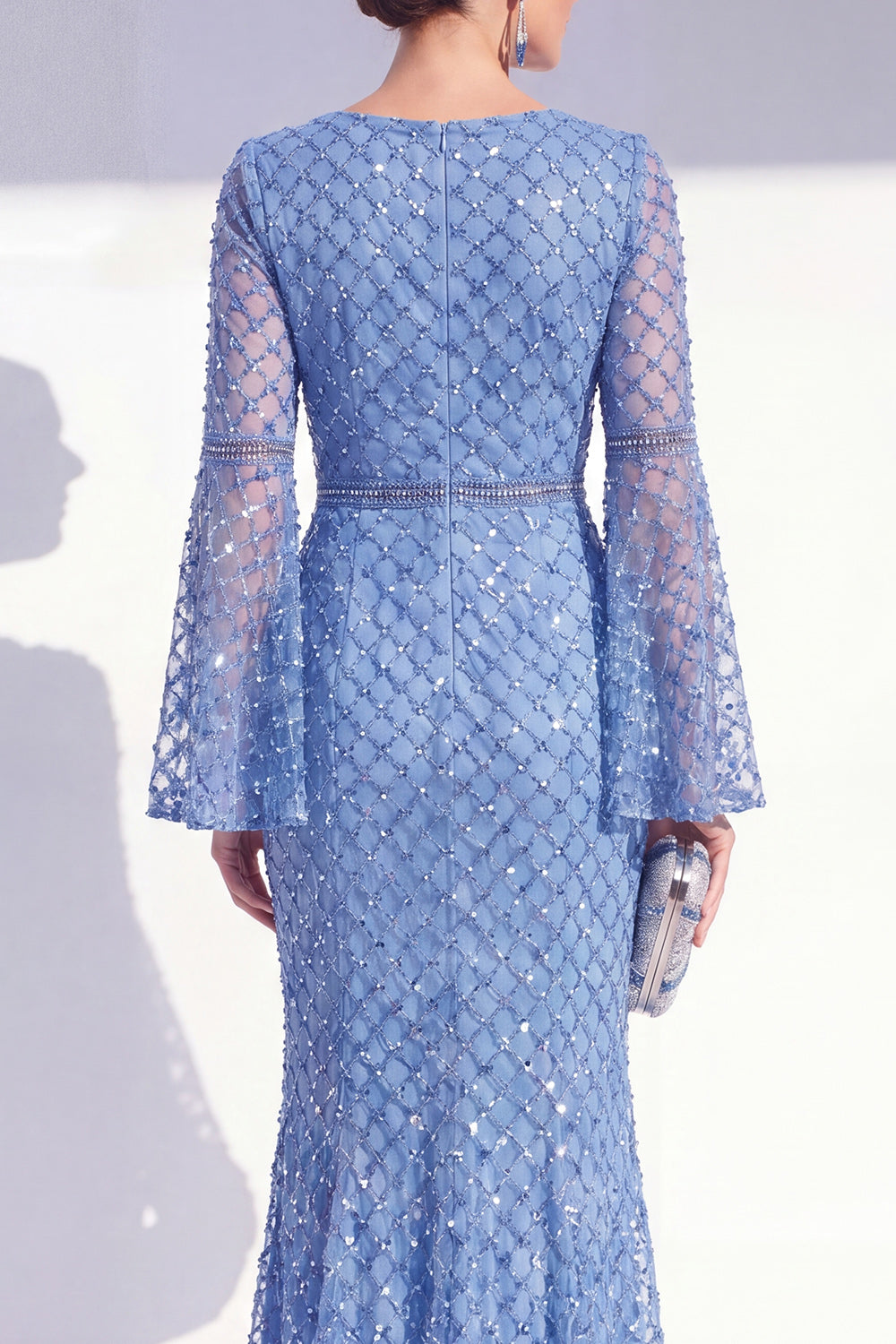 Sparkly Blue Boat Neck Mermaid Long Beaded Mother of the Bride Dress with Sleeves
