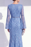 Sparkly Blue Boat Neck Mermaid Long Beaded Mother of the Bride Dress with Sleeves