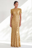 Sparkly Golden Sequin Long Beaded Mother of the Bride Dress Mermaid Round Neck Short Sleeves Evening Dress