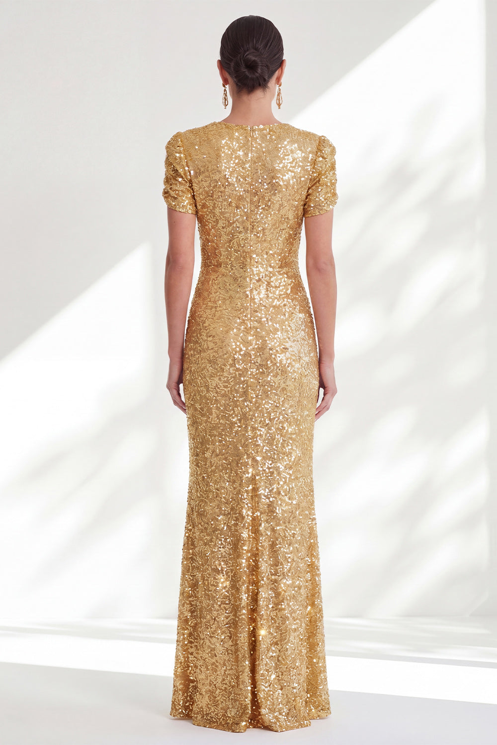 Sparkly Golden Beaded Round Neck Mermaid Long Sequin Mother of the Bride Dress with Sleeves