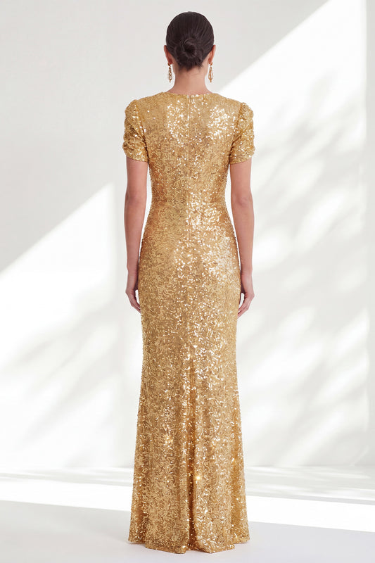 Zapakasa Women Sparkly Golden Sequin Long Beaded Mother of the Bride Dress Mermaid Round Neck Short Sleeves Evening Dress Zapakasa Women Sparkly Golden Sequin Long Beaded Mother of the Bride Dress Mermaid Round Neck Short Sleeves Evening Dress