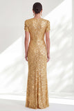 Sparkly Golden Beaded Round Neck Mermaid Long Sequin Mother of the Bride Dress with Sleeves