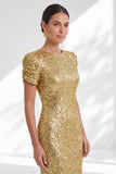 Sparkly Golden Beaded Round Neck Mermaid Long Sequin Mother of the Bride Dress with Sleeves