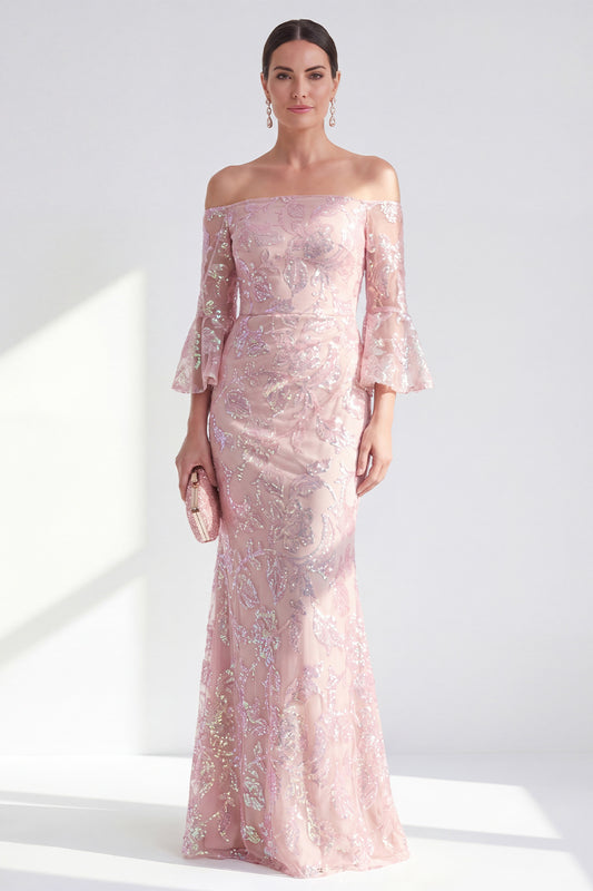 Sparkly Blush Floral Mermaid Long Beaded Mother of the Bride Dress with Sleeves