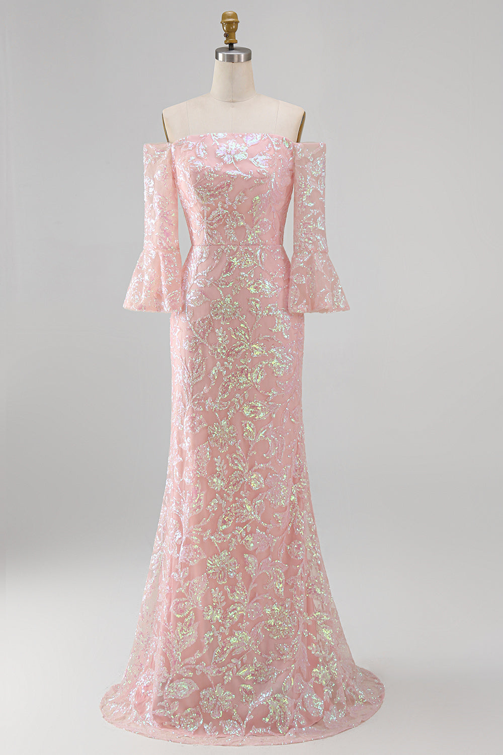 Sparkly Blush Floral Mermaid Long Beaded Mother of the Bride Dress with Sleeves