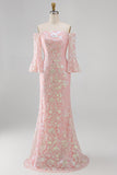 Sparkly Blush Floral Mermaid Long Beaded Mother of the Bride Dress with Sleeves
