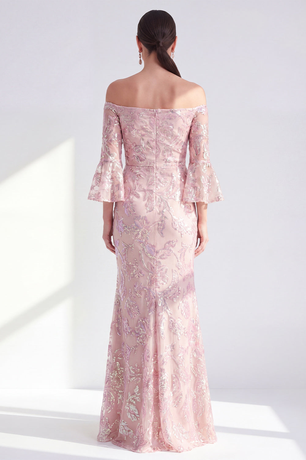 Sparkly Blush Floral Mermaid Long Beaded Mother of the Bride Dress with Sleeves