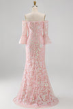 Sparkly Blush Floral Mermaid Long Beaded Mother of the Bride Dress with Sleeves
