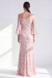 Sparkly Blush Floral Mermaid Long Beaded Mother of the Bride Dress with Sleeves
