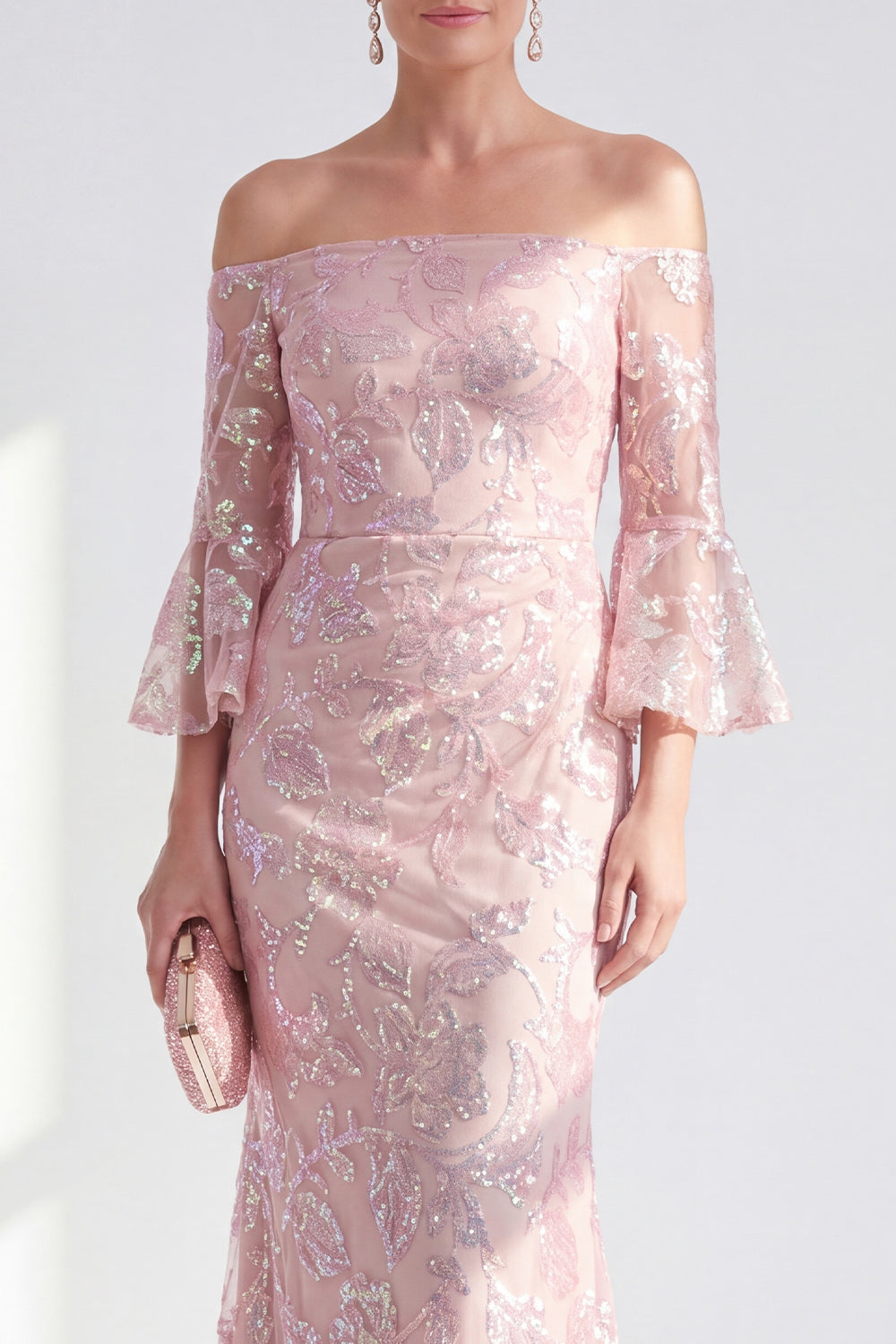 Sparkly Blush Floral Mermaid Long Beaded Mother of the Bride Dress with Sleeves