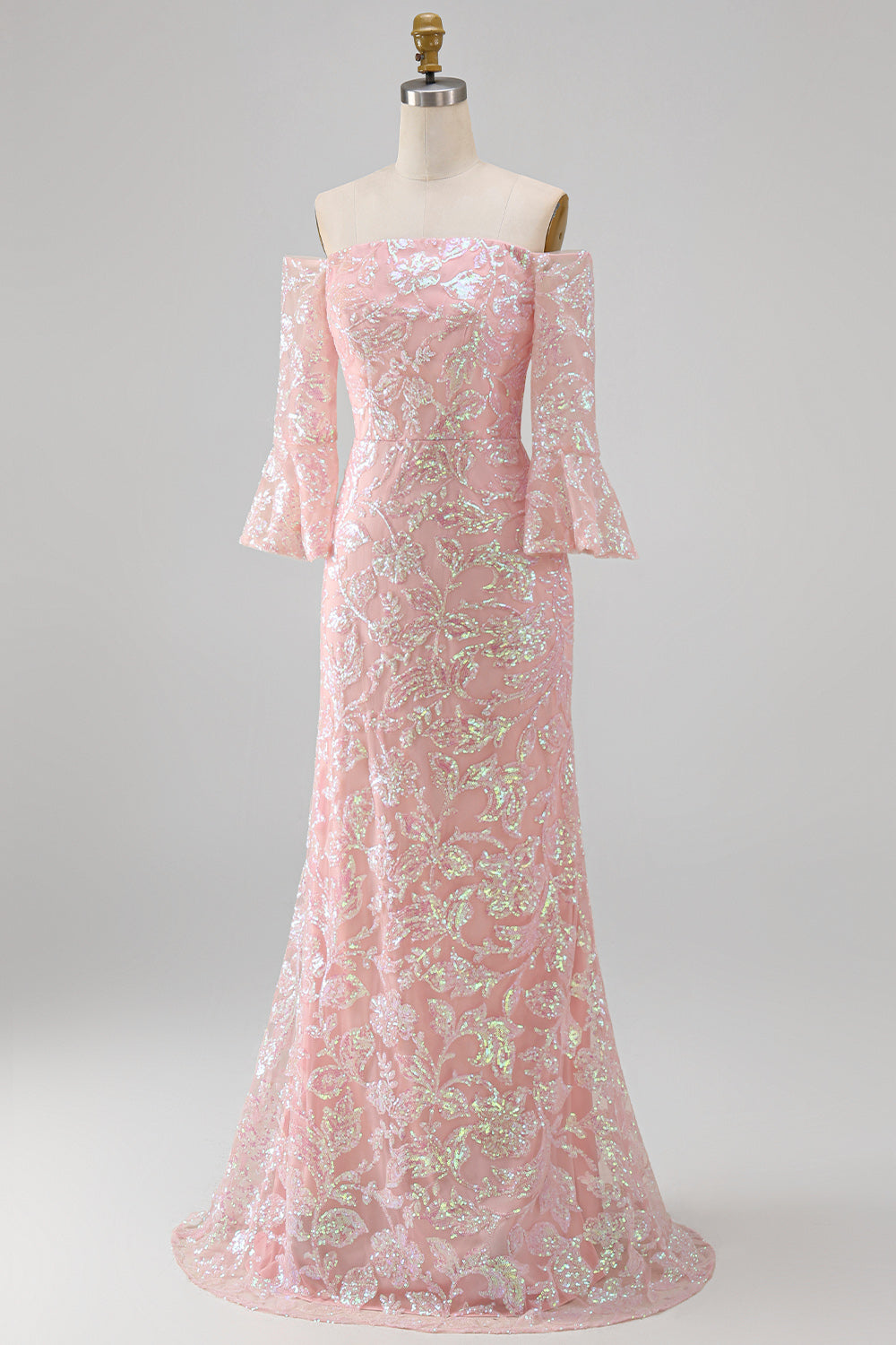 Sparkly Blush Floral Mermaid Long Beaded Mother of the Bride Dress with Sleeves